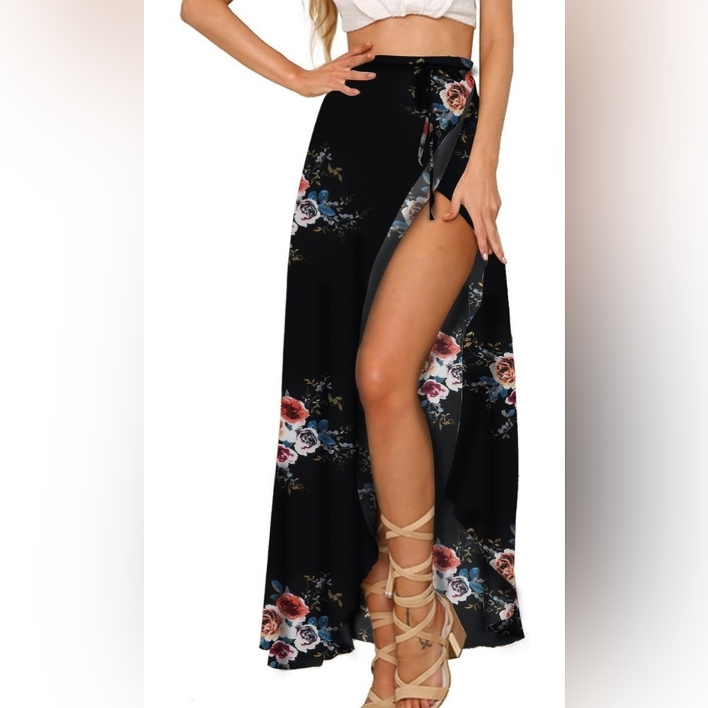 Womens Boho Floral Tie Up Waist Summer Beach Wrap Cover Up Maxi Skirt
